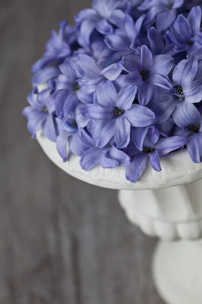 Stilleven Met Kleine Blauwe Hyacint Bloemen Een Witte Nostalgische Kop — Stockfoto