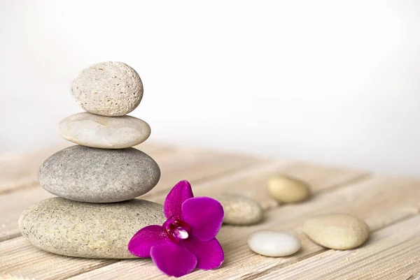Balanced Pebble Stack And Orchid — Stockfoto