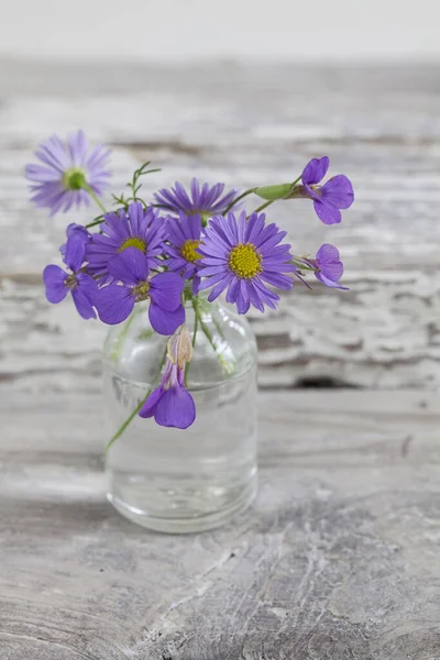 怀旧的生活依旧 在小玻璃瓶里放着淡紫色的花朵 — 图库照片