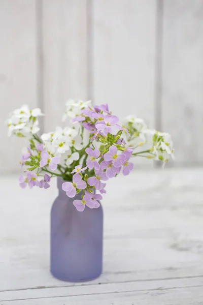 Winzige Frühlingsblumen Zarten Pastellvioletten Farben Einer Vase Vor Weißem Rustikalen — Stockfoto