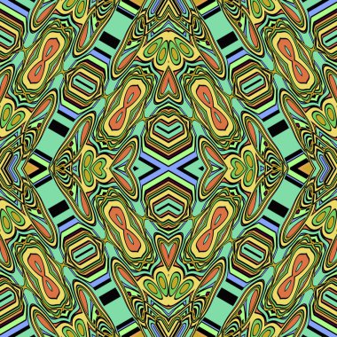 Simetrik kaleydoskop stiline sahip parlak turuncu, yeşil, deniz mavisi ve sarı renklerde, tekstil tasarımı için mükemmel, hediye ambalaj kağıdı, durağan ya da yapıştırma kitabı