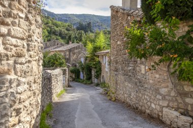Fransa 'nın güneyinde Provence' de geleneksel evleri olan küçük antik bir köyde geleneksel mimari ve dar yolları olan tipik bir manzara.