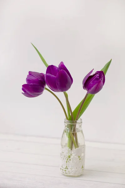 Frische Tulpenblüten Einer Vase Vor Weißem Hintergrund — Stockfoto