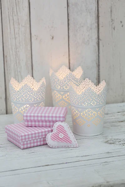 Still Life Little Pink Checkered Gift Boxes Nostalgic White Candle — Stock Photo, Image
