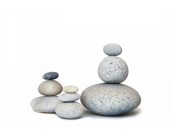 Group Three Balanced Pebble Stone Cairns White Background — Stock Photo, Image