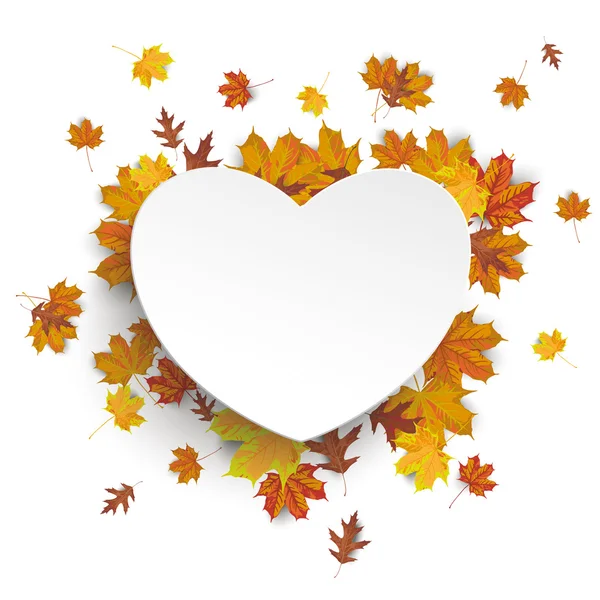Белое бумажное сердце с осенней листвой — стоковый вектор
