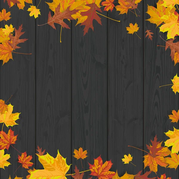 Black wood laths with autumn leaves — Stock vektor