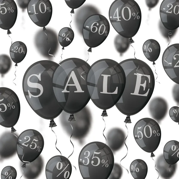 Black balloons with percents and text sale — Stockový vektor