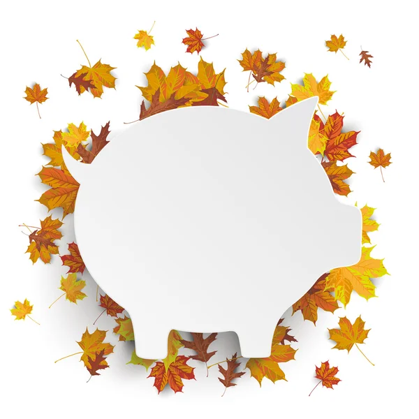 Wit spaarvarken met herfst bladeren — Stockvector