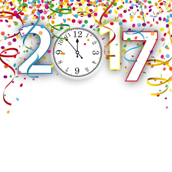 Confeti con cintas y reloj 2017 — Vector de stock