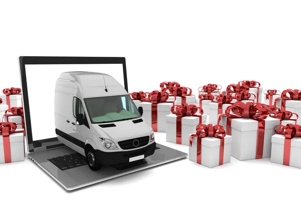 Laptop with delivery van and gifts — Stock Photo, Image