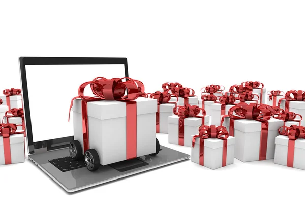Presentkort på hjul med laptop — Stockfoto