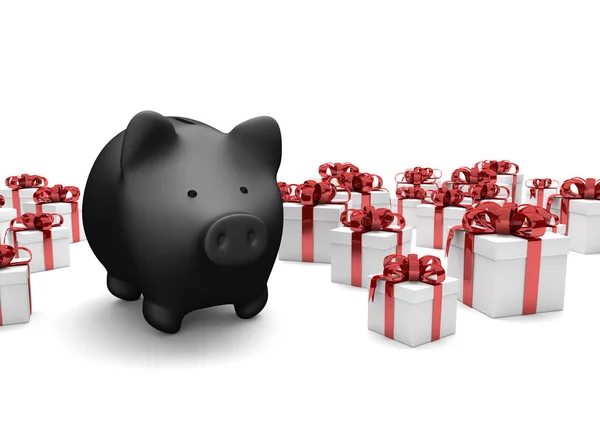 Black Piggy Bank con regalos —  Fotos de Stock
