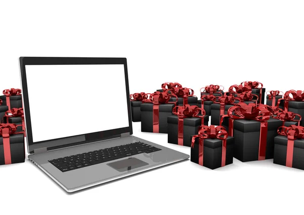 Laptop mit schwarzen Geschenken — Stockfoto