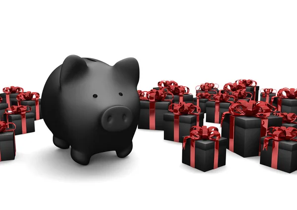Siyah hediyeler ile siyah piggy banka — Stok fotoğraf