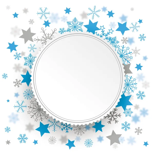 Emblema blanco con copos de nieve azules — Vector de stock