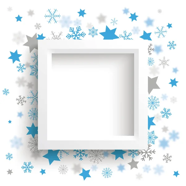 Marco blanco con copos de nieve azules — Vector de stock
