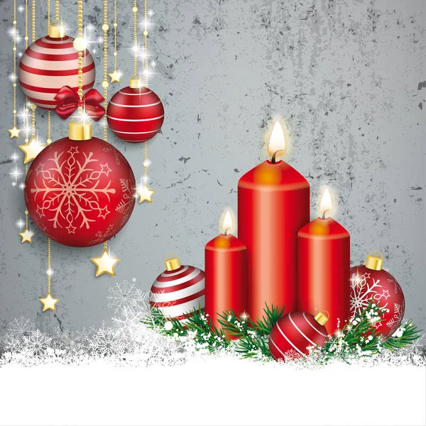 Rode kerstballen met gouden sterren en kaarsen — Stockvector