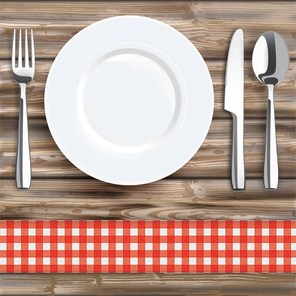 Couteau, fourchette, cuillère et assiette — Image vectorielle