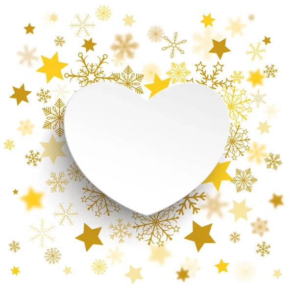 Corazón de papel con copos de nieve dorados — Vector de stock