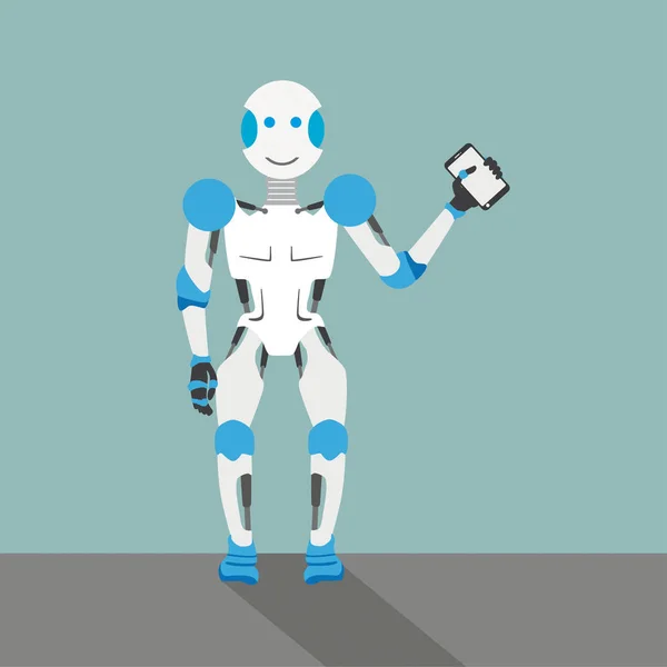 Robot de dibujos animados con smartphone — Vector de stock