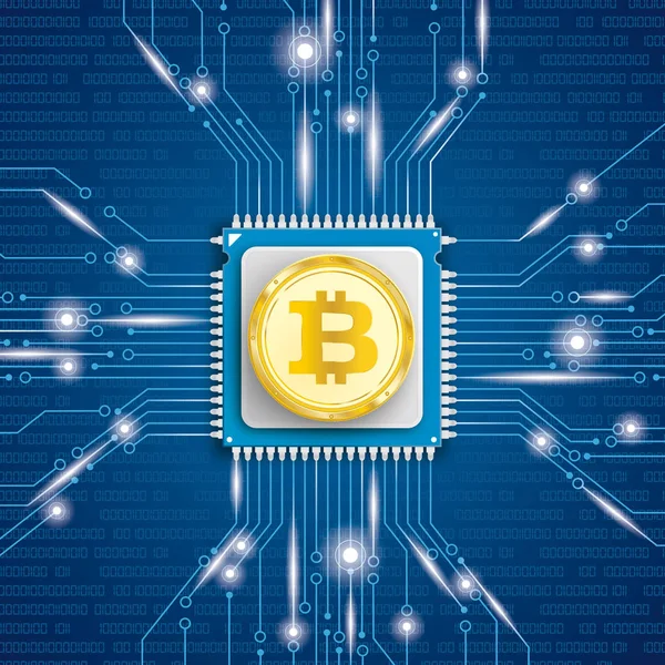 Mikrochip-Prozessor mit goldenem Bitcoin — Stockvektor