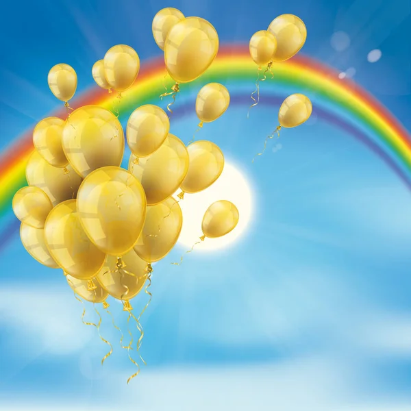 Regenboog met bos van gouden ballonnen — Stockvector