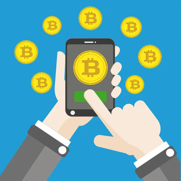 El Smartphone Bitcoins tıklatın düz — Stok Vektör