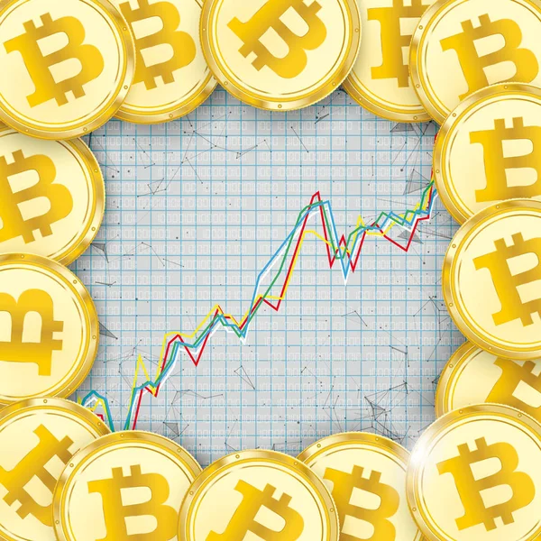 Bitcoins dorados, gráfico, puntos conectados — Vector de stock