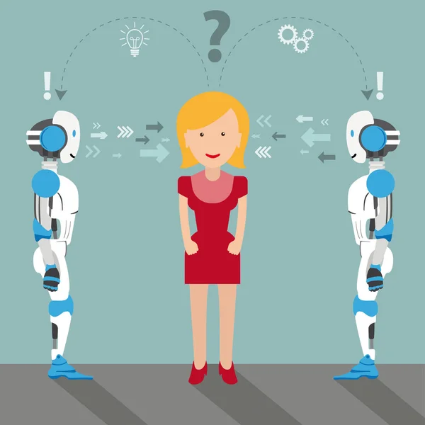 2 robot cartoons with a woman — Stock Vector
