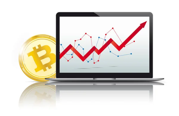 Notebook com bitcoin dourado e gráfico crescente —  Vetores de Stock