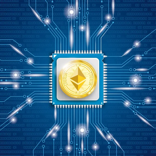 Golden Ethereum Coin Microchip Processor Lights — Stock Vector