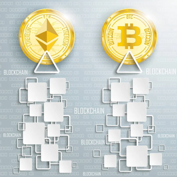 Золоті Ethereum Bitcoin монети Blockchain квадратів даних — стоковий вектор