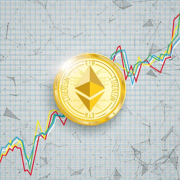 Gráfico Moneda de oro Ethereum Red digital Conectada Puntos — Vector de stock