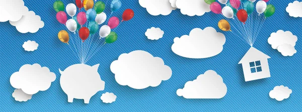 Папір хмари смугастої синьо небо повітряні кулі скарбничка будинок заголовка — стоковий вектор