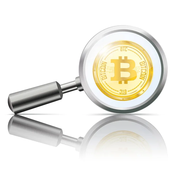 Лупа дзеркало золота монета Bitcoin — стоковий вектор