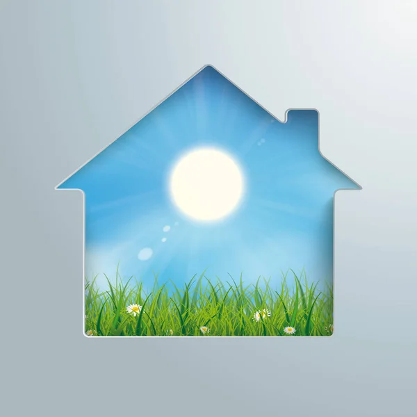 Casa Buraco Sol Azul Céu Grama — Vetor de Stock