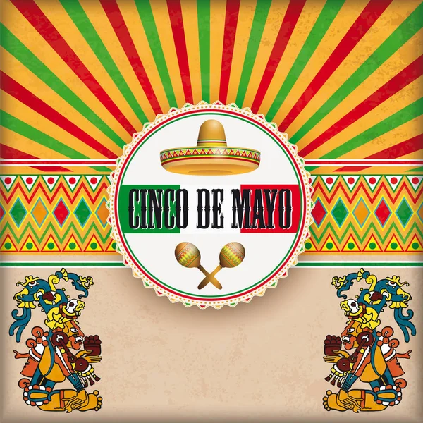 Cover Retro Sun Cinco De Mayo Ornaments Emblem Maya Gods — Stock Vector