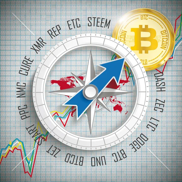 Bussola Bitcoin Crypto Valuta — Vettoriale Stock