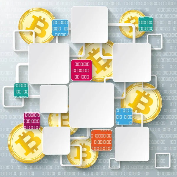 Ramki kolorowe kwadraty złote Bitcoins danych Blockchain — Wektor stockowy