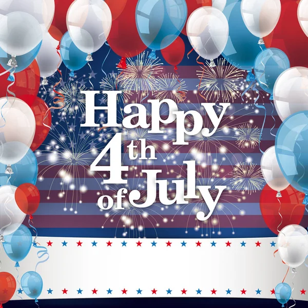 Feliz 4 de julio Bandera de globos de fuegos artificiales — Vector de stock