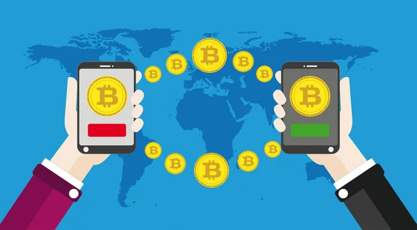 Hand Smartphone Bitcoins Click World Payment — Stock Vector