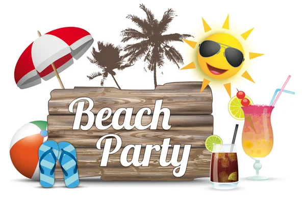 Placa de madeira com texto Beach Party — Vetor de Stock