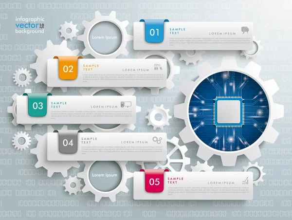 5 Tabs farbige Markierungen Zahnräder Index infografischer Mikrochip — Stockvektor