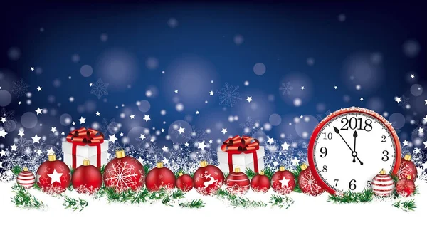 Nacht Weihnachtskarte Header graue Schneeflocken Christbaumkugeln Geschenke Uhr — Stockvektor