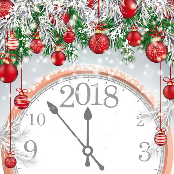 Feliz Navidad congelado verde ramitas rojo Baubles reloj 2018 — Vector de stock