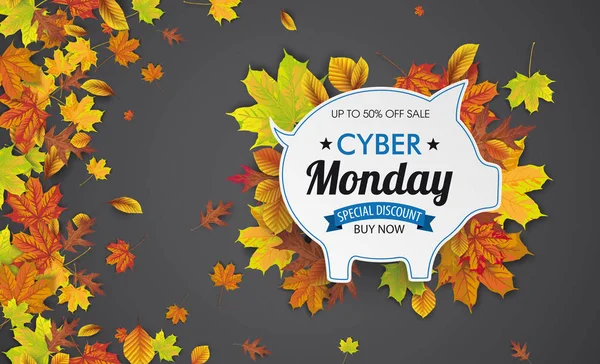 Cabeçalho Piggy Bank Folhagem de Outono Cyber Monday —  Vetores de Stock