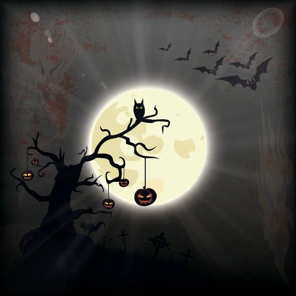 Halloween Luna llena murciélagos cementerio calabazas — Vector de stock