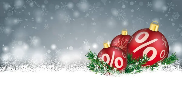 Szara karta Christmas Snow czerwone bombki gałązki procentach nagłówka — Wektor stockowy