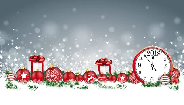 Weihnachtskarte Header graue Schneeflocken Kugeln Geschenke Uhr 2018 — Stockvektor